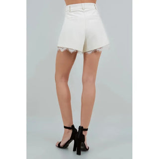 lace trim tailored look pleated shorts with lace on bottom