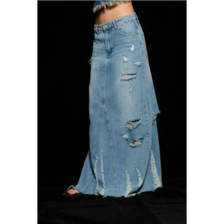 heavily destroyed denim maxi skirt low rise in a medium wash