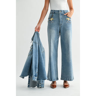 High Waist Wide Leg Horse Embroidered Jean