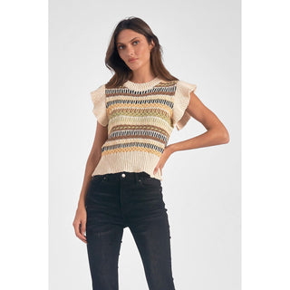 multi color fall style knit sleeveless sweater with aztec style design ruffle sleeves