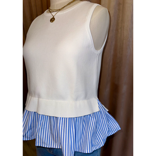 Peplum tank top with ribbed tank, blue stripe shirting detail at the bottom