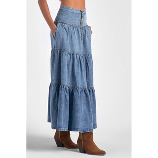 rustic country style maxi tiered skirt in denim chambray 