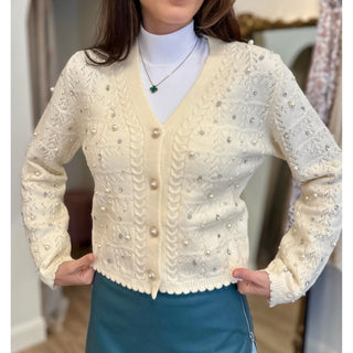 pearls nd crystal embellished soft cream knit sweater cardigan