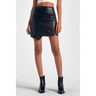 faux leather mini skirt with asymmetric crossover hem