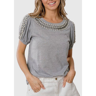 bead detail grey puff sleeve knit top