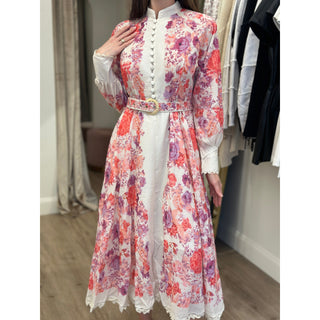 linen blend soft pink floral maxi dress with a high neck and long sleeves and lace trim and belt included 