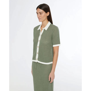 contrast knit button up with collar sage and cream