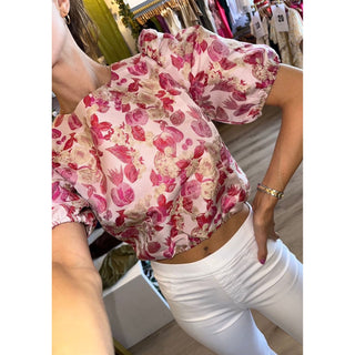 pink floral puff sleeve elastic waist blouse