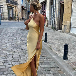 thick satin polyester stripy open back summer maxi dress with side slit