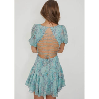 Printed ruffle puff short sleeve square neckline empired waist mini dress with lace up open back, back zippered  100% polyester