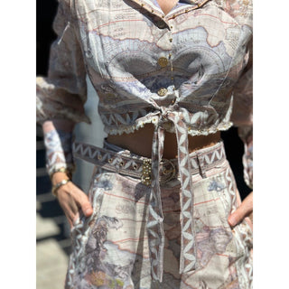 old world map printed luxury shorts set blouse with gold details and soft pink and grey color