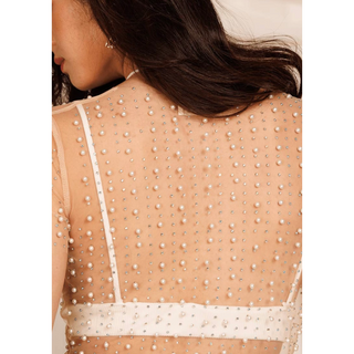 pearl embellished mesh top with long sleeves in nude