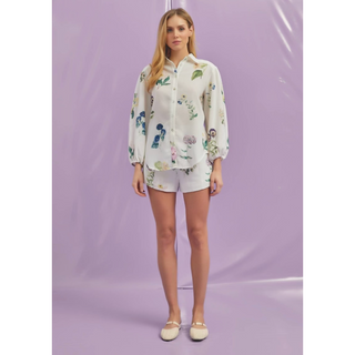 summer floral shorts set with long sleeve button down blouse and soft high waist shorts
