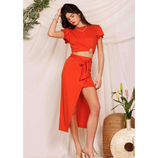 red ruffle and wrap detail skirt and short sleeve crop set