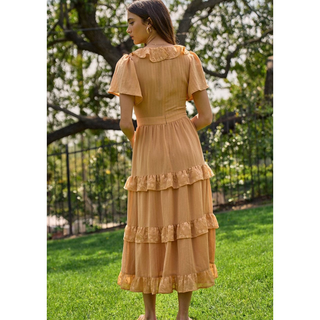 forty romantic ruffle dress in apricot midi length 