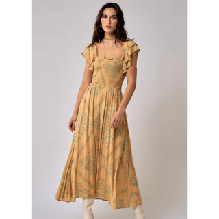 flow smocked maxi dress with ruffle sleeve sand floral print over honey color