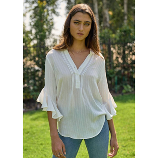 tunic button up v neck lightweight blouse with ruffle sleeves