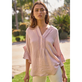 tunic button up v neck lightweight blouse with ruffle sleeves