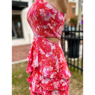 ruffle skirt floral mini one shoulder pink dress