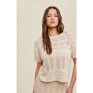 knit short sleeve sweater top with pointelle detail 