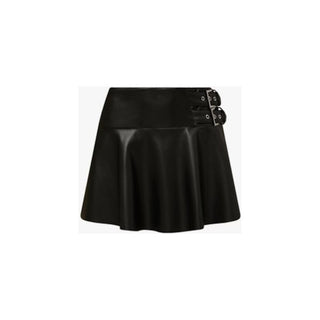 Built in-shorts Hidden back zipper closure Buckle details at hip Pleated faux leather fabric Skirt 