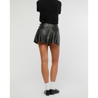 Built in-shorts Hidden back zipper closure Buckle details at hip Pleated faux leather fabric Skirt 