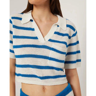 blue striped knit cropped polo with collar