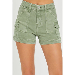 high rise olive color cargo shorts