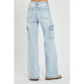 high rise cargo jeans light wash 