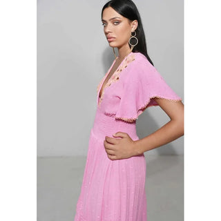asymmetric pink viscose dress with ruffle sleeves 