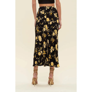 floral side slit high waist midi skirt