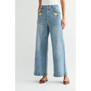High Waist Wide Leg Horse Embroidered Jean