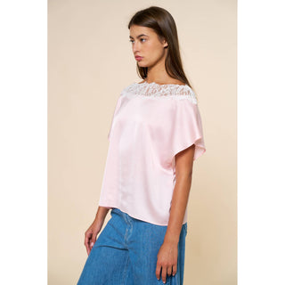 Satin Boxy Blouse With Lace Boat Neckline