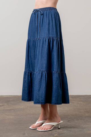 Denim Tiered Midi Skirt