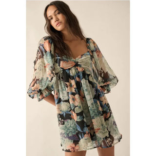 Floral Mesh Sweetheart Neck Chiffon Babydoll Dress