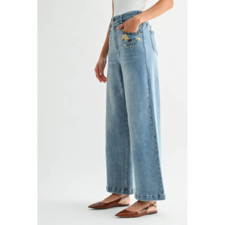 High Waist Wide Leg Horse Embroidered Jean