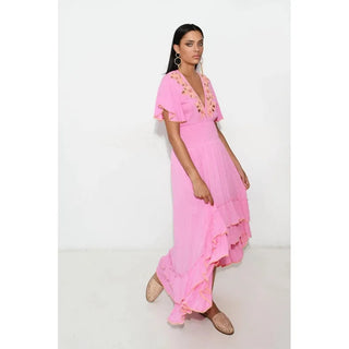 asymmetric pink viscose dress with ruffle sleeves 