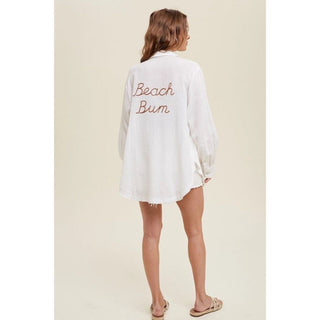 gauze embroidered button down shirt with "Beach Bum" graphic 