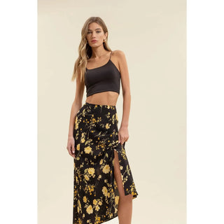 floral side slit high waist midi skirt