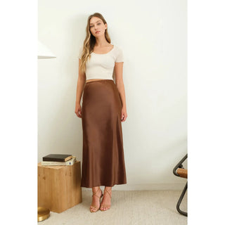 satin slip midi skirt with elastic waist