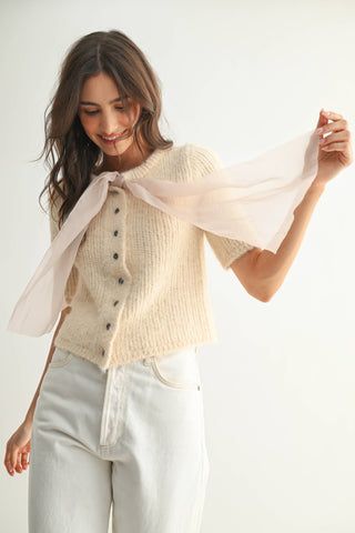 Knit Cardigan With Chiffon Bow