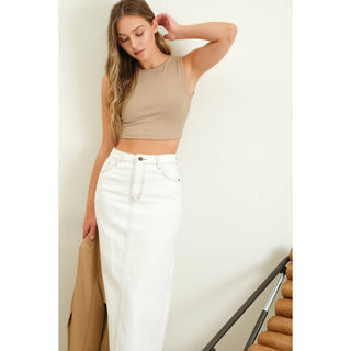 Back Slit White Denim Midi Skirt