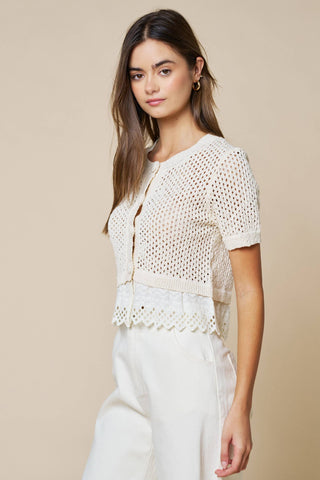 Scalloped Eyelet Contrast Open Knit Top