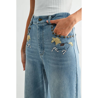 High Waist Wide Leg Horse Embroidered Jean