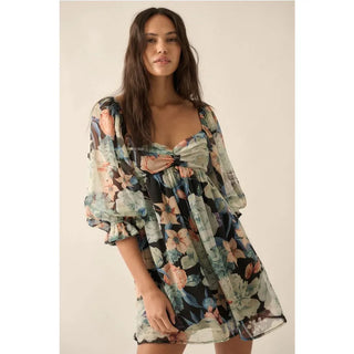 Floral Mesh Sweetheart Neck Chiffon Babydoll Dress