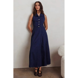 collared denim maxi dress dark denim