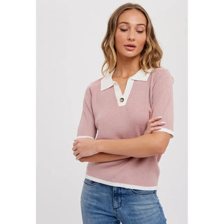 Lightweight cozy knit top featuring a v-neck with basic collar, contrast edge design, short sleeves and a relaxed-fit.
