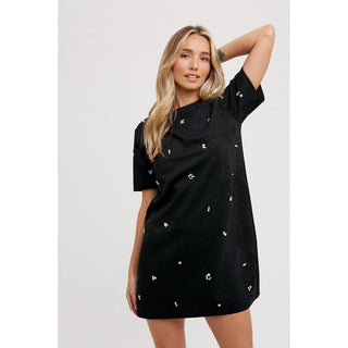 Rhinestone Faux Suede Shift Dress