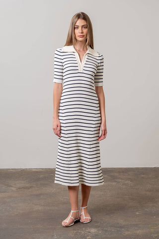 Collared Striped Knit Midi Dress