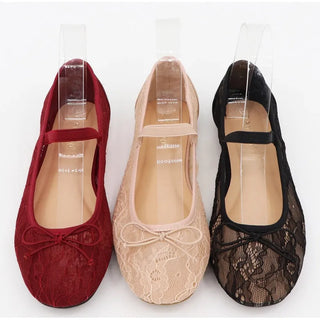 Women Lace Mesh Bow Tie Ballet Flats
